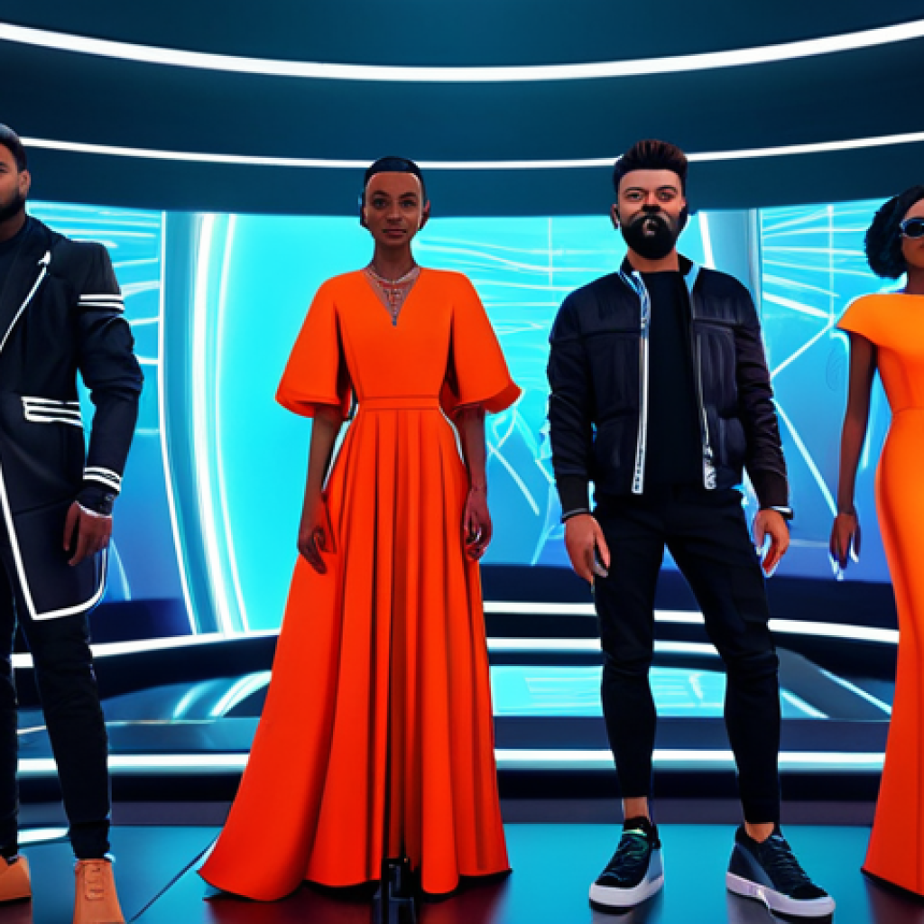 메타버스와 패션의 융합 가능성 - **Digital Fashion Showcase:** "A diverse group of avatars in stylish, fully clothed digital outfits,...