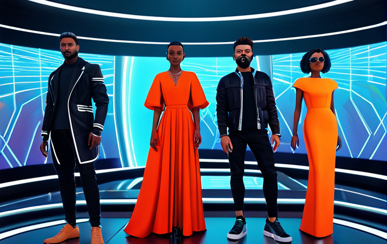 메타버스와 패션의 융합 가능성 - **Digital Fashion Showcase:** "A diverse group of avatars in stylish, fully clothed digital outfits,...