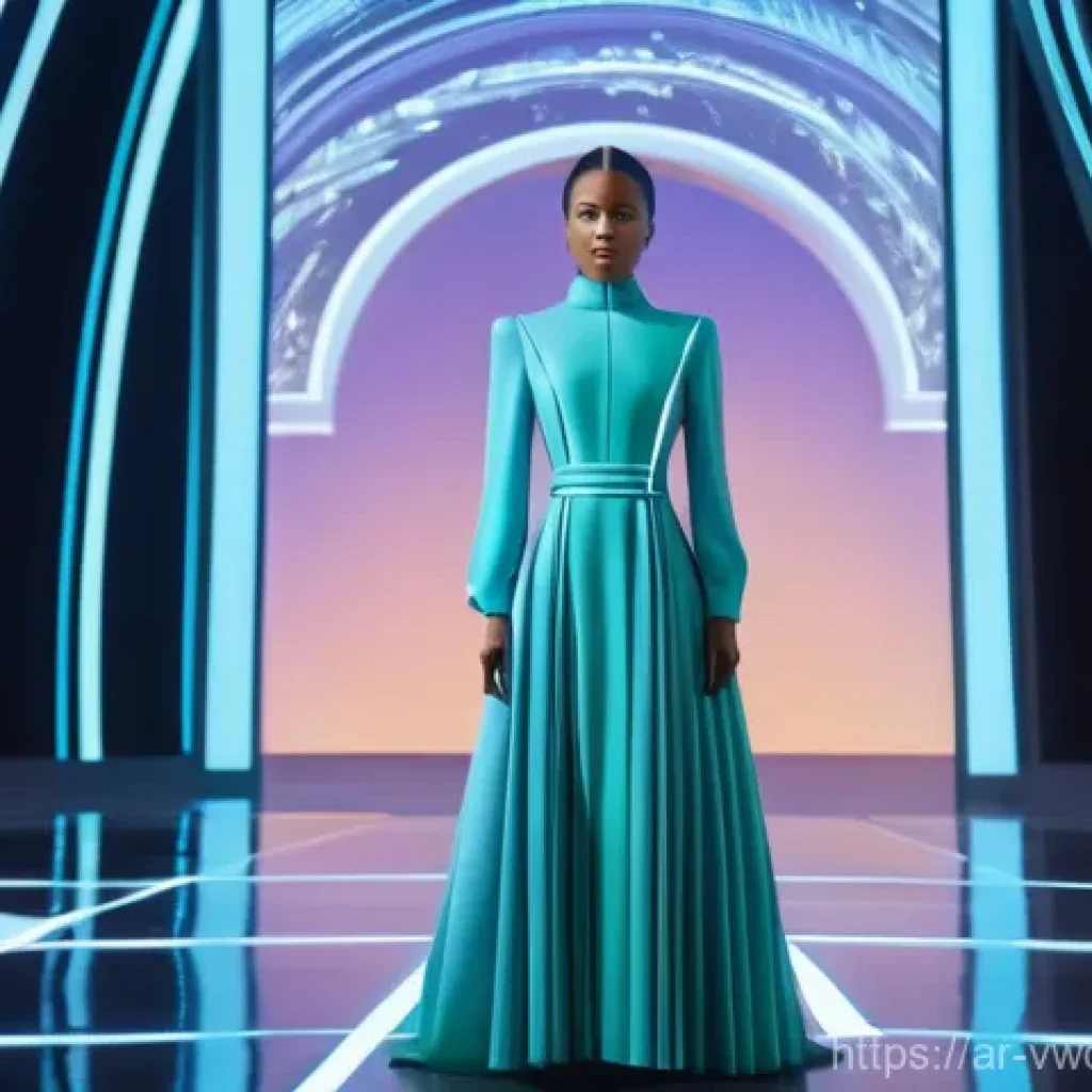 가상 현실 패션쇼의 안전 문제 - **Prompt:** "A stylish young woman, dressed in an elegant and modest contemporary virtual fashion ou...