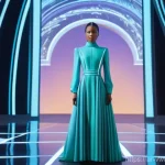 Home 12 가상 현실 패션쇼의 안전 문제 - **Prompt:** "A stylish young woman, dressed in an elegant and modest contemporary virtual fashion ou...