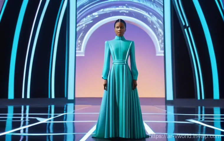 가상 현실 패션쇼의 안전 문제 - **Prompt:** "A stylish young woman, dressed in an elegant and modest contemporary virtual fashion ou...