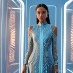 Home 9 메타버스 패션쇼의 고객 맞춤형 경험 - **Prompt: "A sleek, modern metaverse user interface showing a stylish woman avatar trying on an intr...