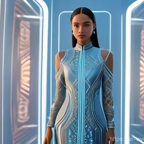 Home 21 메타버스 패션쇼의 고객 맞춤형 경험 - **Prompt: "A sleek, modern metaverse user interface showing a stylish woman avatar trying on an intr...