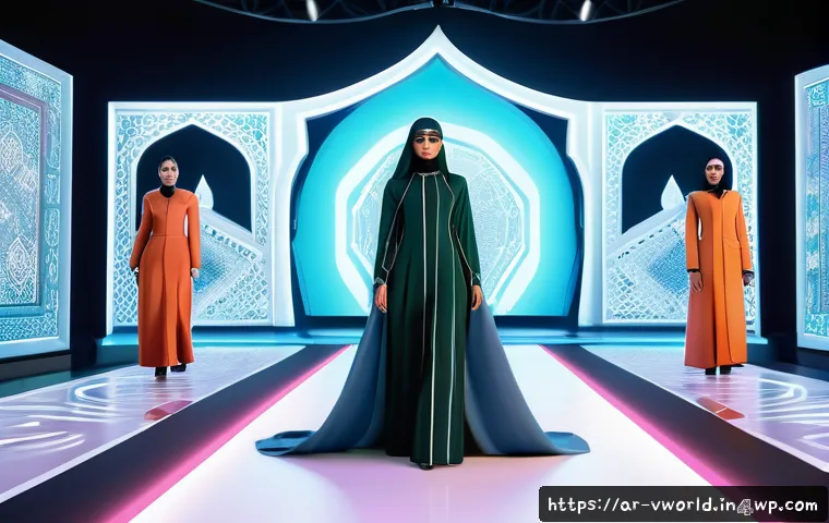 메타버스 패션쇼와 고객 경험 혁신 - A futuristic virtual fashion show set in a vibrant metaverse environment inspired by Middle Eastern ...