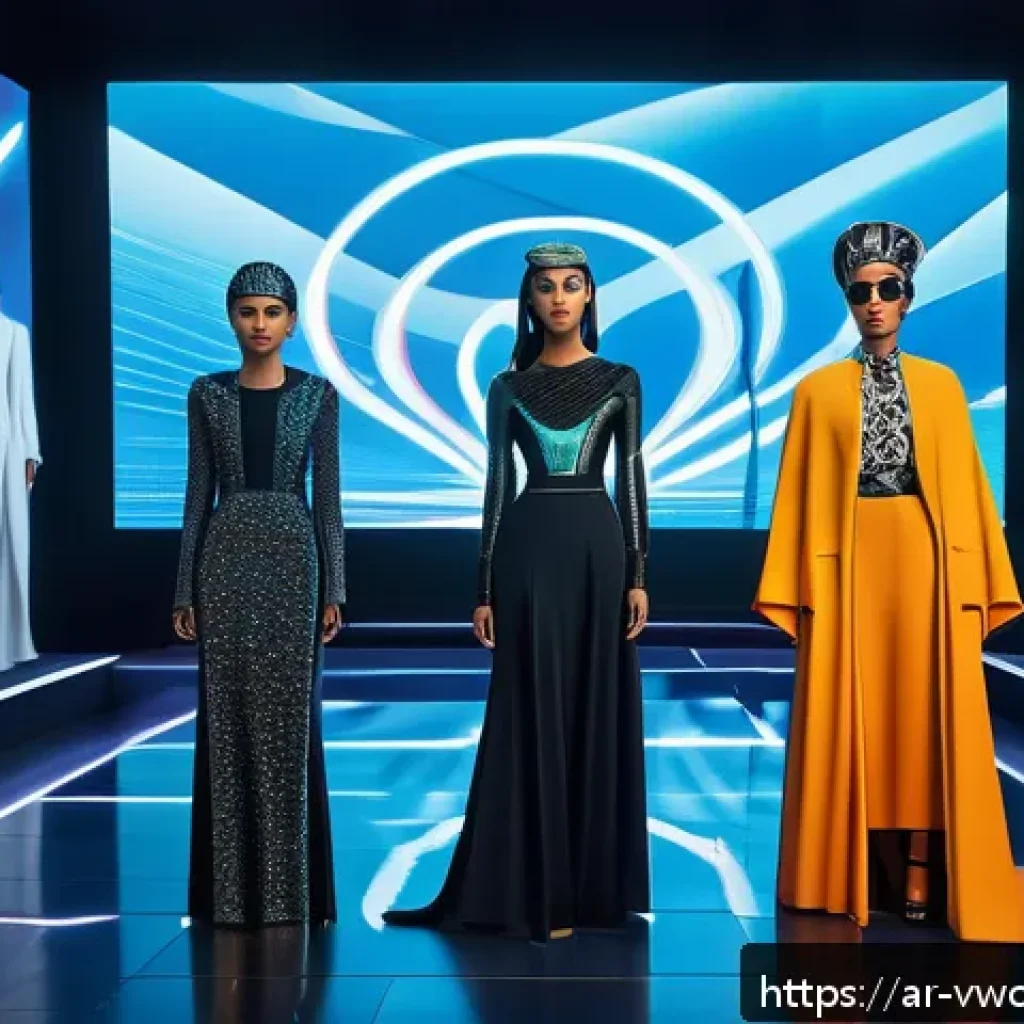 메타버스 패션쇼에서의 예술과 패션의 만남 - A futuristic virtual fashion runway scene set in an immersive metaverse environment, featuring a div...