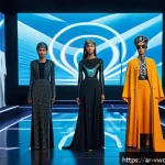 메타버스 패션쇼에서의 예술과 패션의 만남 - A futuristic virtual fashion runway scene set in an immersive metaverse environment, featuring a div...