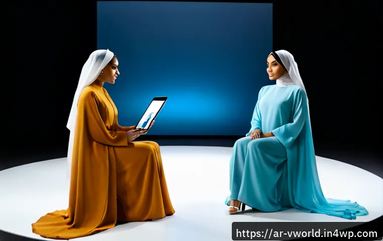 Home 17 가상 패션쇼와 실제 패션쇼의 차이점 - Photorealistic virtual fashion show in a sleek Dubai-inspired studio, modest couture models in elega...