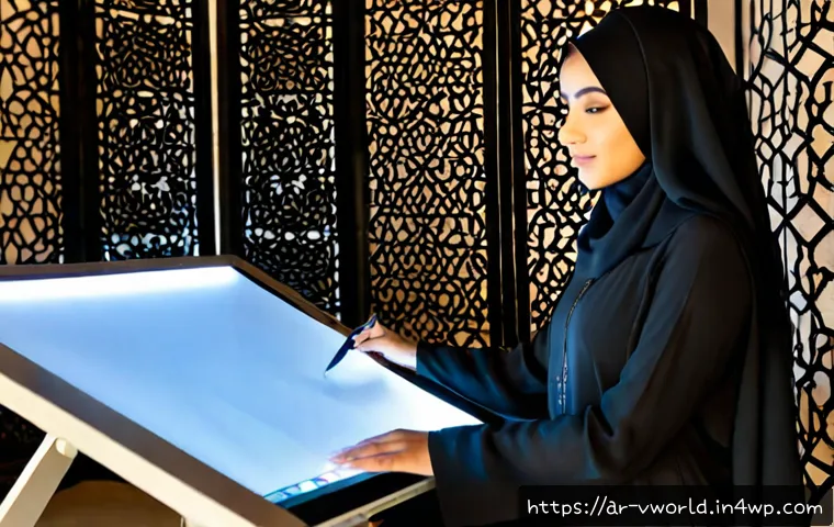 Home 17 가상 옷을 만들기 위한 3D 디자인 툴 - Photorealistic modern fashion design studio in a Gulf city, modest Arab female designer wearing a ta...
