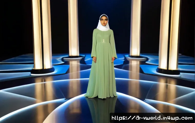 가상 패션쇼에서의 제품 혁신 - Photorealistic virtual fashion show in a sleek Dubai-inspired digital runway venue, an elegant Arab ...